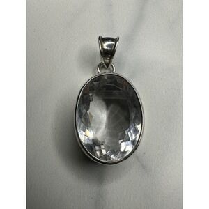 925 Sterling Silver Large Oval Faceted Clear Stone Pendant 15.67g Statement